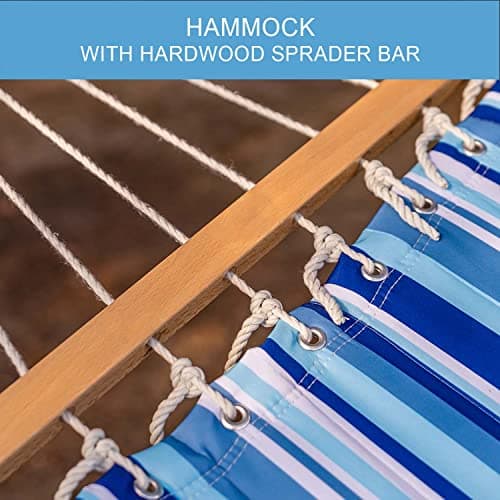 Lazy Daze Hammocks 12 FT Quilted Fabric Double Hammock with Spreader Bars and Detachable Pillow, 450 LBS Weight Capacity, Mixed Blue Stripes