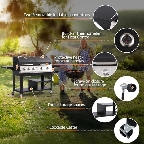 5-Burner Propane Gas Grill,griddle grill combo Double Grills with Storage space,54,000 BTU 627 SQ.IN.Output Stainless Steel Grill for Outdoor Cooking Kitchen, Garden and Patio Backyard Barbecue
