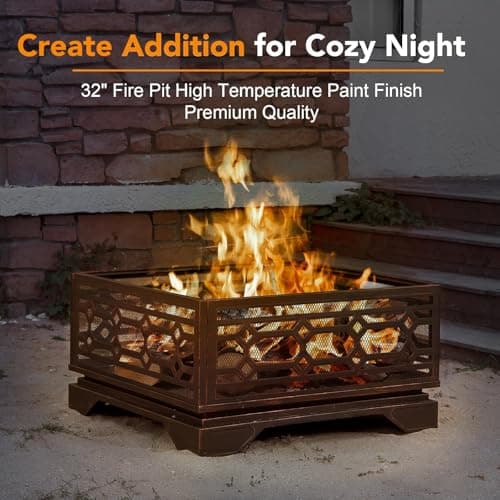 Outdoor Fire Pit, 32 Inch Wood Burning Firepit for Outside with Mesh Cover & Fire Poker, Large Extra Deep Square Metal Fireplace for Patio, Backyard, Camping, Bonfire Party
