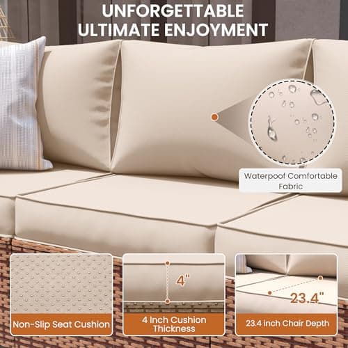 UDPATIO Patio Furniture Set with Fire Pit Table, 4 Pieces Outdoor Furniture Sets, Wicker Rattan Patio Conversation Sets with Outdoor Sofa Waterproof Covers for Porch Deck Backyard, Khaki