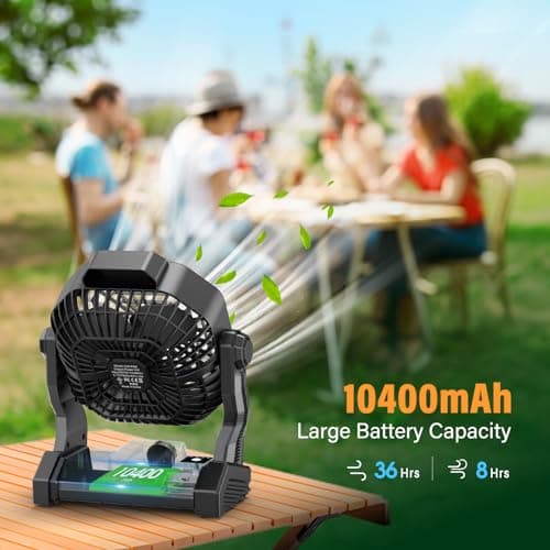 10400mAh Solar fan, Camping Fan with Solar Panel, 7W Rechargeable Solar Powered for Outside, LED Lantern, Stepless Speed and Quiet Battery Operated for Picnic, Barbecue, Fishing, Travel