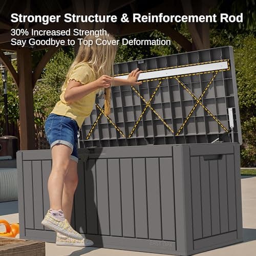 EAST OAK Outdoor Storage Box, 90 Gallon Deck Box, Waterproof Resin Storage Bin for Patio Cushions, Gardening Tools, Lockable, UV Resistant, Grey