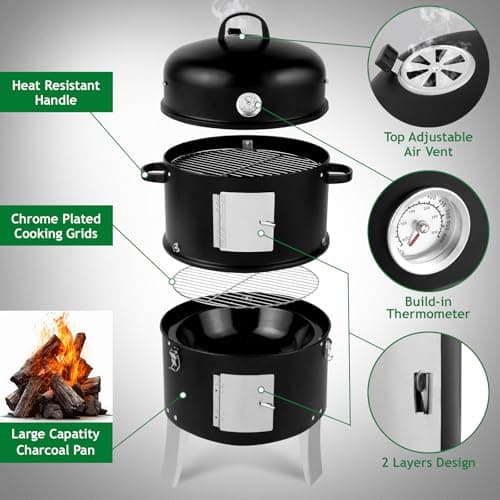 Outvita Vertical 18.5 Inch Steel Charcoal Smoker, Heavy Duty 3-in-1 Portable Outdoor Grill Cooker with Built-in Thermometer for Outdoor Backyard Cooking Grilling Camping