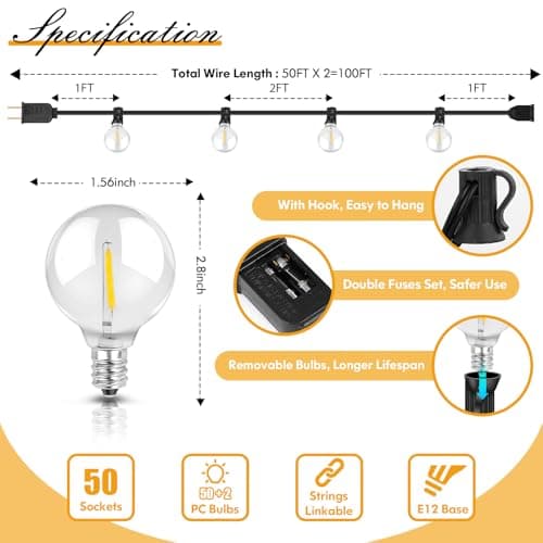 100FT LED Outdoor String Lights Patio Light with 52 Shatterproof G40 Dimmable Globe Bulb, 2-Pack 50FT Waterproof Outside Hanging String Light for Christmas Backyard Porch Balcony Gazebo Party
