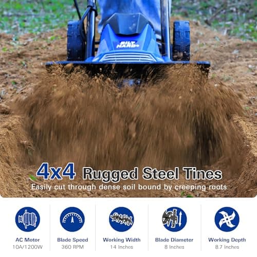 BILT HARD Electric Tiller Cultivator 14 inch, 10 Amp 4 Steel Tines Corded Tiller for Gardening with Foldable Handle, Portable Garden Rototiller with Adjustable Wheels