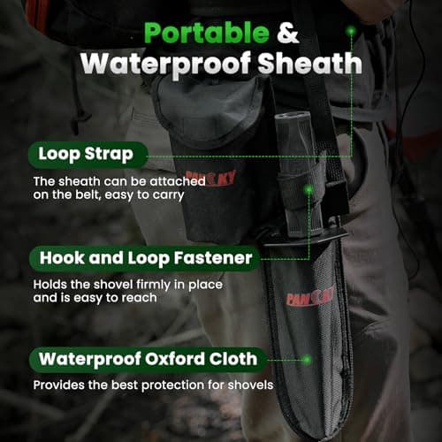 PANCKY Metal Detector Shovel with Extended Handle & Carrying Sheath, Heavy Duty Double Serrated Edge Metal Detecting Digging Tool, Digger Trowel for Gardening, Camping, Black
