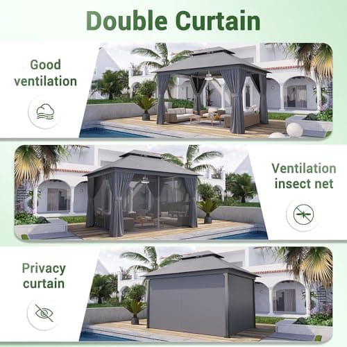 oneinmil 12' x 10' Hardtop Gazebo with Netting and Curtains, Outdoor Gazebo with Aluminum Frame, Heavy Duty Polyester Fabric Double Roof Canopy Party Tent for Patio, Backyard, Lawn, Gray