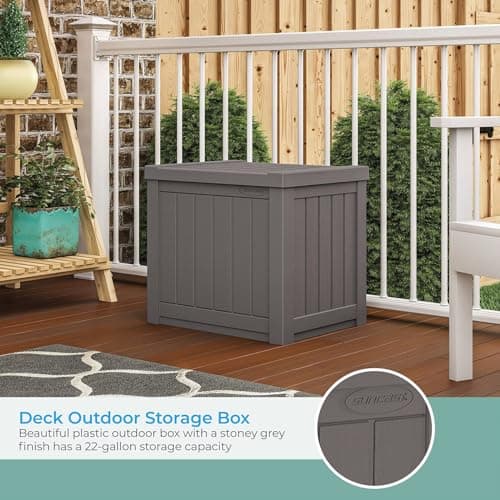 Suncast 22-Gallon Small Deck Box - Lightweight Resin Indoor/Outdoor Storage Container and Seat for Patio Cushions and Gardening Tools - Store Items on Patio, Garage, Yard - Stone Gray, Made in the USA