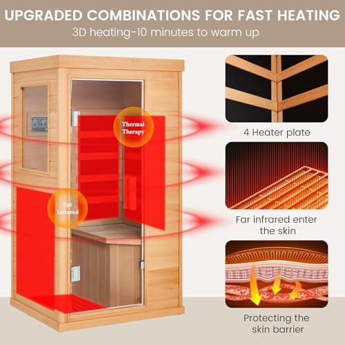 1 Person Infrared Sauna, Full Spectrum Mini Sauna for Home, Indoor Dry Sauna with 4 Heater Panels, Bluetooth Speaker, Tempered Glass Door, Compact and Easy to Use, 110V