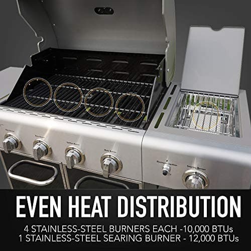 Kenmore 4-Burner BBQ Gas Grill with Searing Side Burner, Propane Grill, 52,000 BTUs, Warming Rack, Electronic Ignition & Cast Iron Cooking Grates, Black/Stainless Steel