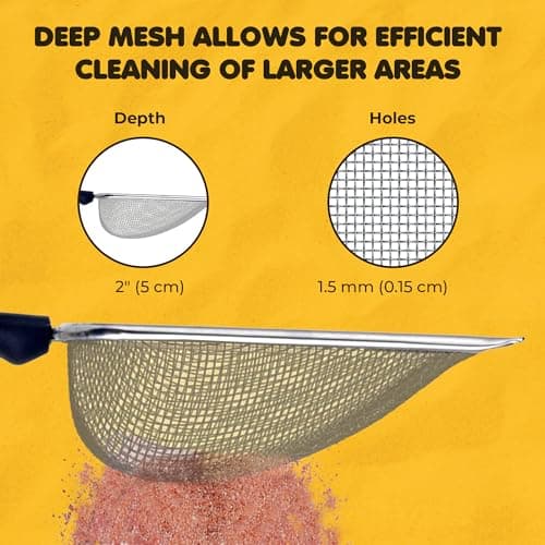 SunGrow Cat, Reptile Sand Scoop, Stainless Steel Fine Mesh Net for Lizard, Gecko, Snake Habitat, Substrate and Gravel Sifter, Black Non-Slip Handle Sifter, 11” x 4” x 2”, 1 Pc