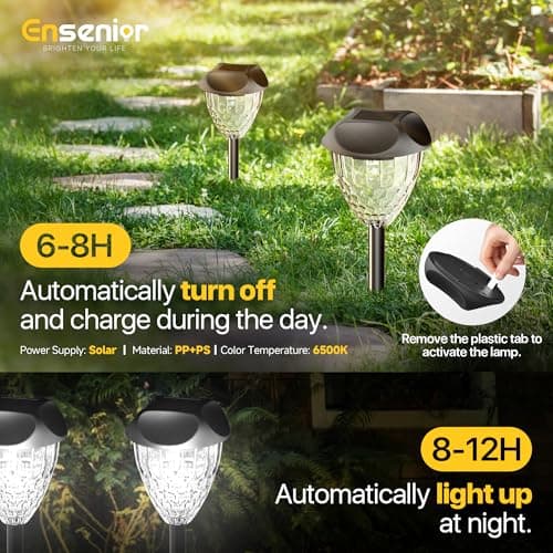 Ensenior 12-Pack Solar Lights Outdoor, Auto ON/Off 6500K LED Solar Garden Lights for Pathway, Yard, Patio, Walkway, Planter, Waterproof, Energy-Efficient Landscape Lighting