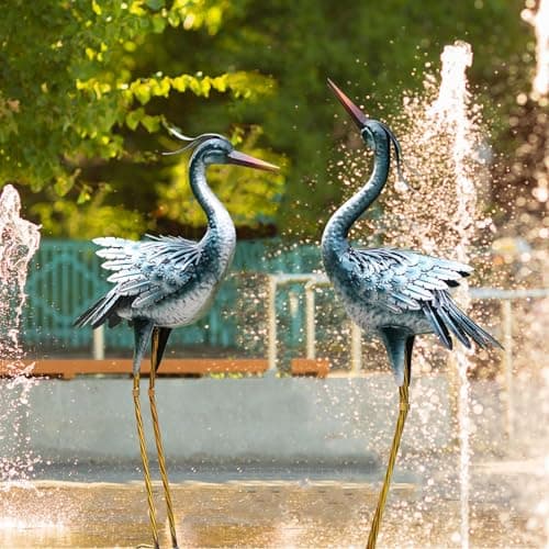 Chisheen Large Garden Crane Outdoor Sculptures, Metal Yard Art Heron Standing for Indoor Outdoor Decor, Bird Statues for Patio Lawn Porch Decorations, Set of 2
