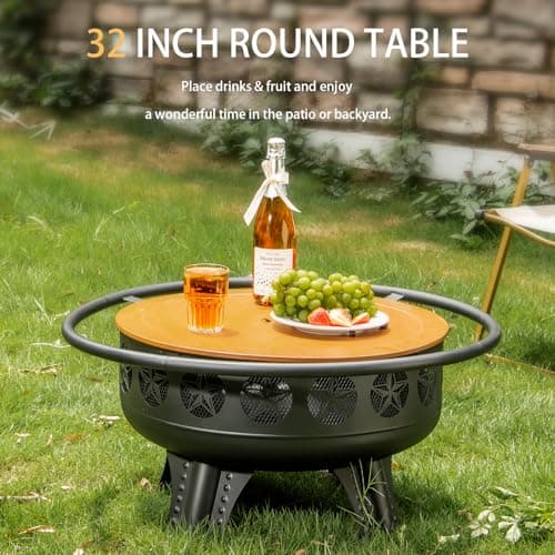 3-in-1 Fire Pit with Swivel Cooking Grate, 32 Inch Wood Burning Firepit with Grill, Outdoor Fire Pits Table with Metal Lid and Poker for Outside Patio Backyard BBQ Bonfire Camping (Black)