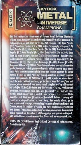 2024 Upper Deck Skybox Metal Universe Champions Factory Sealed Blaster Box. 5 Packs of 7 Cards. Features High-End Prospects, Young Stars and Legends Across the Sporting World. Look for Blaster Exclusive Skybox Premium Gold and Gold Auto Cards.