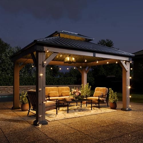 Aoxun 10' x 12' Outdoor Wood Gazebo, Hardtop Gazebo Permanent Wooden Pavilion with Galvanized Steel Double Roof, for Patio, Garden, Deck, Cedar Wood