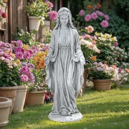 LuxenHome Virgin Mary Statue Outdoor, 30'' Religious Garden Statue, Blessed Mother Outdoor Statue, Outdoor Statue, Garden Sculptures, Outdoor Garden Decorations, Gray