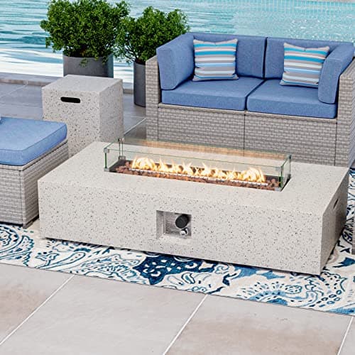 COSIEST 2-Piece Outdoor Propane Fire Table Set, Rectangle Concrete 56-inch x 28-inch Fire Pit (CSA Certified, 50,000 BTU) w 20lb Tank Table, Wind Guard, Waterproof Cover for Garden, Porch, Backyard
