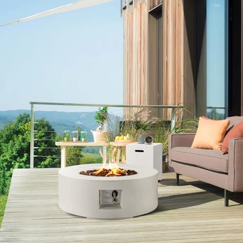 ECOTOUGE 2-Piece 30 Inch Round Outdoor Propane Firepit Table Set with Tank Table, 50,000 BTU Steel Gas Fire Table, Auto-Ignition Concrete Fire Pit w/Weather-Resistant Pit Cover, Lava Rocks, White