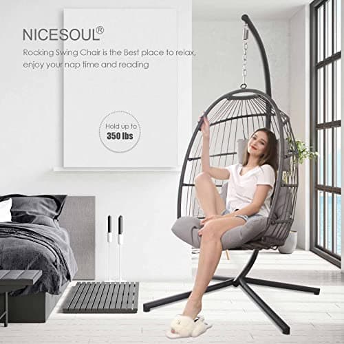 NICESOUL Swing Egg Chair Outdoor Indoor, Patio Wicker Hanging Egg Chairs with Stand, Swinging Hammock with Padded Cushions, 350lbs Sturdy Egg-Shaped Seating for Porch Bedroom Balcony Xmas Gift, Grey