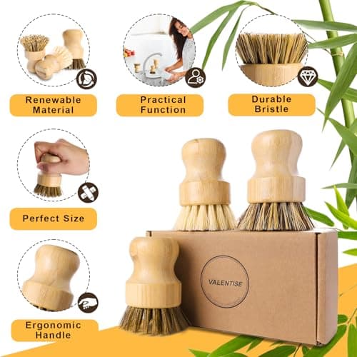 Bamboo Dish Brush Set, 3 Pcs Wooden Scrubber, Brass Brush and Pot Brush with Sisal and Palm for Cleaning Vegetables, Pots and Ovens