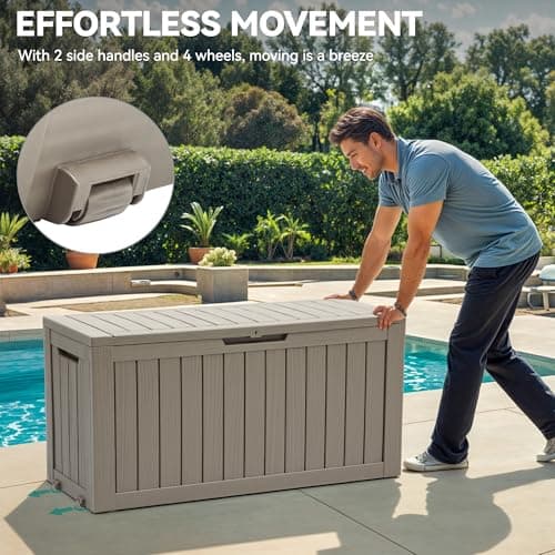 YITAHOME 72 Gallon Outdoor Storage Box, Resin Deck Box Indoor & Outdoor Patio Storage Box w/Wheels for Throw Pillows, Athletic Gear, Yard Implements (Light Brown)