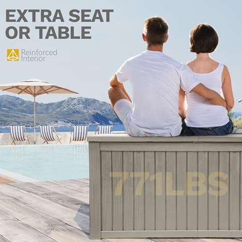 DWVO 180 Gallon Extra-Large Patio Deck Box, Waterproof Resin Outdoor Storage Box with Removable Divider for Patio, Garden, Pool, Furniture and Tools, Light Brown