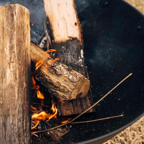 Ash & Ember 29" Hemisphere Fire Pit, Wood Burning Backyard Fireplace, Round Flat Flanged Base, Cast Iron High-Temp Black Paint Fire Bowl, Portable Outdoor Firepit