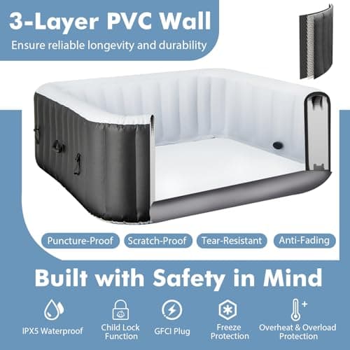 GYMAX Hot Tub, Inflatable Hot Tub with 130 Soothing Bubble Air Jets, Insulated Lockable Cover, Ground Mat & Filter Cartridges, Outdoor Blow Up Spa Tub for Backyard, Patio (Square, 4-6 Person)