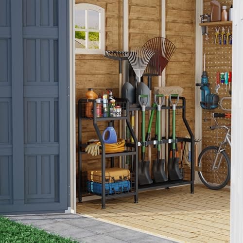 keomaisyto Garden Tool Organizer for Garage/Shed, 3 Tier Garage Tool Organizer and Storage Holder with Hooks, Large Garden Tools Tower Rack with Storage Basket for Shed/Yard/Lawn