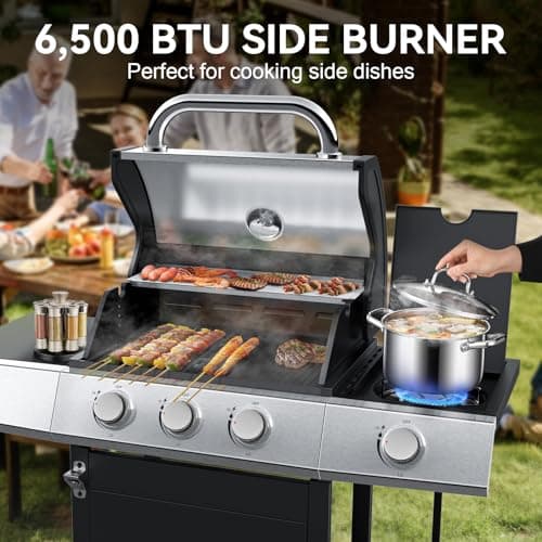3-Burner Propane Grills with Side Burner, BBQ Gas Grill with Cast Iron Grates and Griddle, Garden Barbecue Grill for Backyard, Camping, Patio, 27,500 BTU