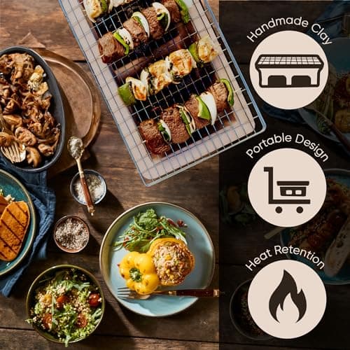 Fire Sense 60450 Yakatori Internal Grates Charcoal Chrome Cooking Grill Japanese Table BBQ Handmade Using Clay Adjustable Ventilation For Outdoor Barbecues Camping Traveling - Large - Tan
