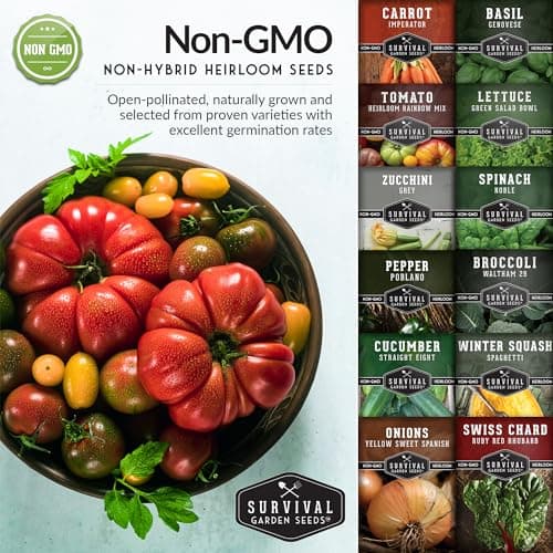 12 Vegetable Seed Variety Pack - Broccoli, Carrot, Basil, Lettuce, Onion, Pepper, Swiss Chard, Tomato, Cucumber, Spinach, Zucchini, Spaghetti Winter Squash - Non-GMO Heirloom - Survival Garden Seeds