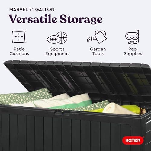 Keter Marvel Plus 71 Gallon Resin Deck Box Organization and Storage for Patio Storage Box Outdoor Cushions, Throw Pillows, Garden Tools and Pool Accessories, Dark Grey