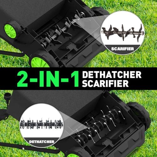 SOYUS Electric Dethatcher and Scarifier with 30L Collection Bag, 13-Inch 12 Amp 2-in-1 Corded Lawn Dethatcher with 4-Postion Depth Adjustment, Quick-Fold, Increases Lawn Health