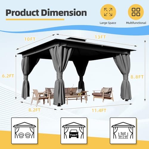 YOLENY Outdoor 10'x13' Grey Patio Gazebo, Metal Frame Canopy with Double Roofs, Heavy Duty Pavilion with Curtains and Nettings for Deck, Lawn and Backyard