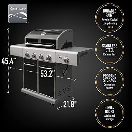 Kenmore 4-Burner BBQ Gas Grill with Searing Side Burner, Propane Grill, 52,000 BTUs, Warming Rack, Electronic Ignition & Cast Iron Cooking Grates, Black/Stainless Steel