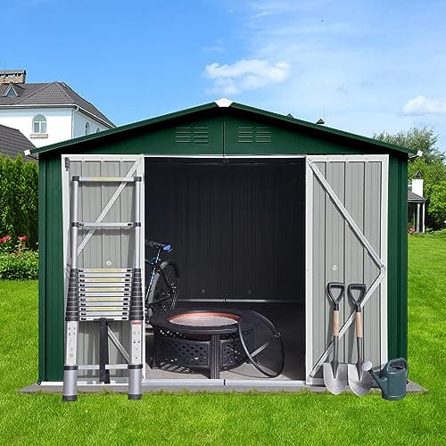10x8 FT Metal Garden Sheds with Hinged Door and Padlock & Punched Vents,Aluminum Outdoor Storage Shed w/Eco-Friendly Painting,for Bike, Barbeque,Tool,Green+White