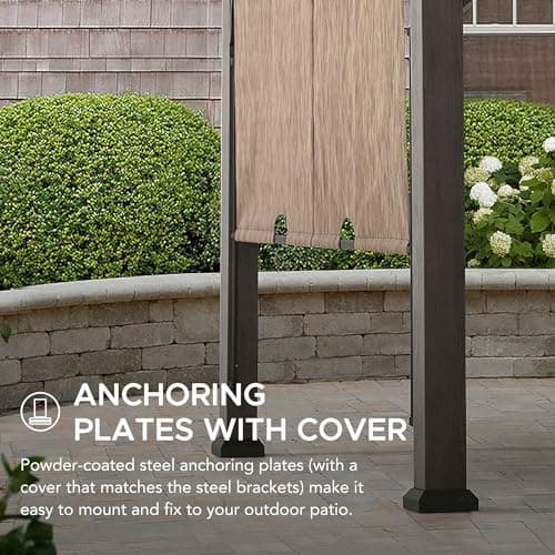 Sunjoy 10’ x 12’ Pergola, Outdoor Steel Arched Pergola with Adjustable Canopy and Natural Woodgrain Metal Posts for Patio, Backyard, and Garden, Tan…