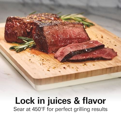 Hamilton Beach Electric Indoor Searing Grill with Adjustable Temperature Control to 450F, 118 sq. in. Surface Serves 6, PFAS-Free Removable Nonstick Grate, Stainless Steel (25360)