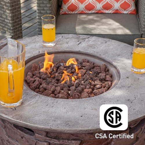 COSIEST Outdoor Propane Concrete Fire Pit Table w Imitation Stone Surface 32-inch Round Fire Table, CSA Certified, 40,000 BTU Stainless Steel Burner, Free Lava Rocks, Fits 20lb Tank Inside