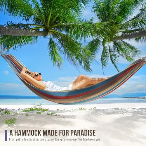 Sorbus® Brazilian Double Hammock - Extra-Long Two Person Portable Hammock Bed for Indoor or Outdoor Spaces - Hanging Rope, Carrying Pouch Included (Blue/Sand/Purple/Red Stripes)