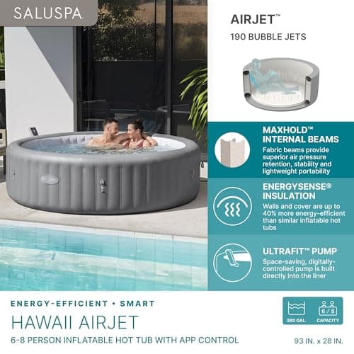 Bestway SaluSpa Hawaii Smart AirJet Inflatable Hot Tub Round Portable 6 to 8 Person Spa with 190 AirJets, App Control and EnergySense Cover, Grey
