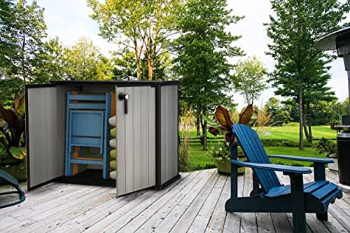 Keter Patio Store 4.6 x 4.0 ft. Resin Outdoor Storage Shed with Paintable and Drillable Walls for Customization-Perfect for Yard Tools and Pool Toys, Grey