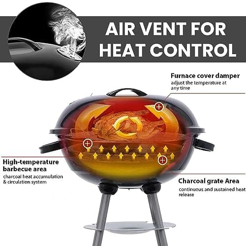 22 Inch Portable Charcoal Grill with Wheels for Outdoor Cooking Barbecue Camping BBQ Coal Kettle Grill - Heavy Duty Round with Thickened Grilling Bowl Wheels for Small Patio Backyard