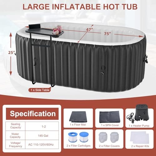 LILYPELLE 1-2 Person Inflatable Hot Tub, Portable Oval Blow Up Hot Tub with 100 Bubble Jets, Outdoor Spa Set Included Heater Pump, Filter and Side Table, 75" X 47" X 25"