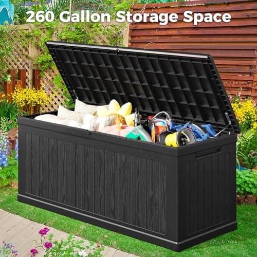 260 Gallon Outdoor Extra Large Resin Storage Box, Waterproof Deck Box Lockable & UV-Resistant, Outside Cushion Storage for Patio Furniture, Garden Tools, Pool Accessories, Black
