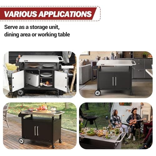 Outdoor Grill Cart with Wheels, Movable Kitchen Island with Storage Cabinet for BBQ, Stainless Steel Dining Cart Table for Food Prep, Black, PC3403S-SC