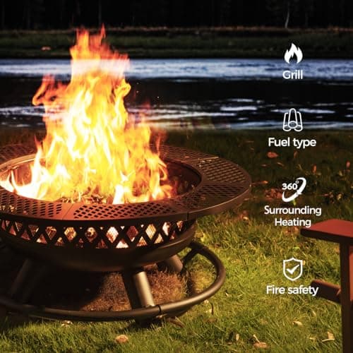 42 Inch Outdoor Fire Pit with Grill, Large Firepit Table for Outside, Metal Round Firepits with Lid&Fire Poker,3 in 1 Wood Burning Fire Pits & Outdoor Fireplaces for Backyard,Patio(Black)