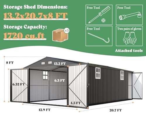 AMERLIFE 13.2x21x8 FT Outdoor Storage Shed, Huge Metal Garage Shed with 2 Double Hinged 4 Windows and Doors, Carport for Car, Truck, Bike, Garbage Can and Lawnmower, Dark Grey